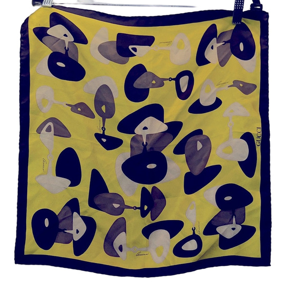 Gucci Silk Horse-bit Yellow and Black Abstract Pattern Scarf, 18” X 18” - Picture 1 of 6